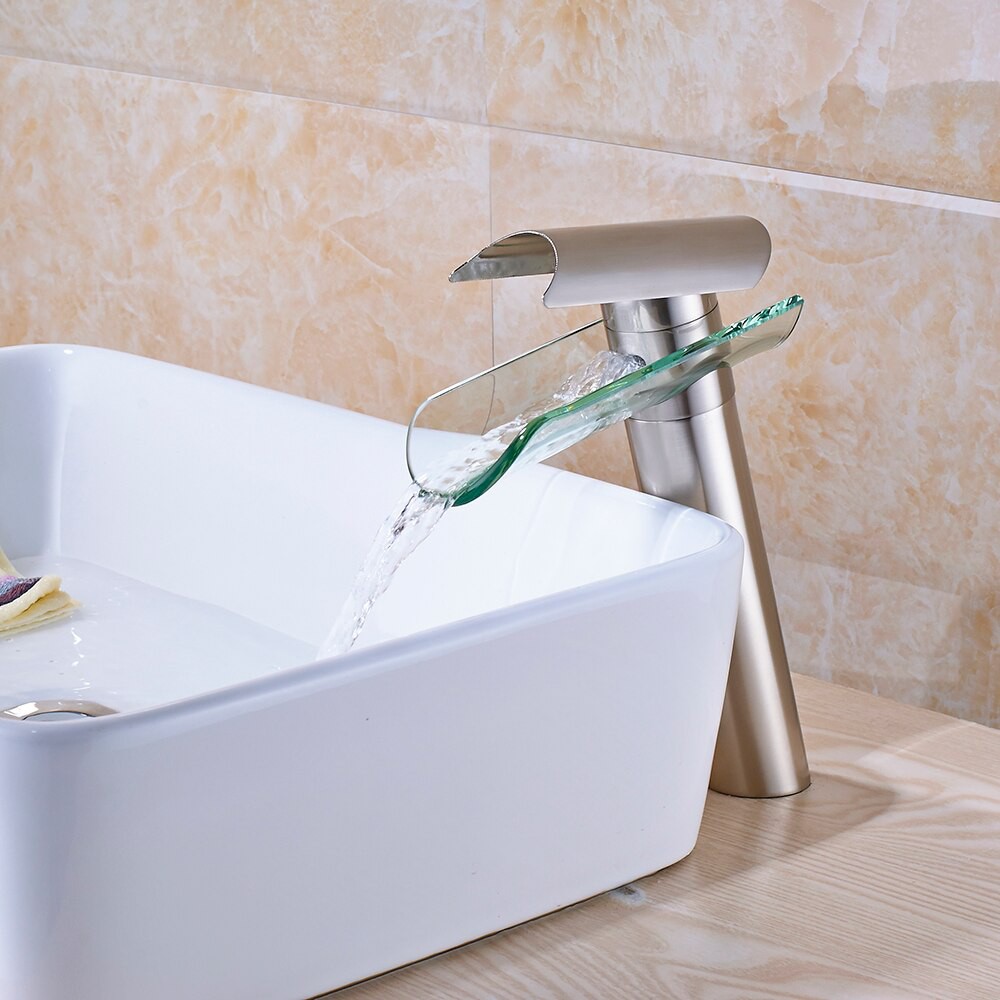 Chrome Bath Basin Brass Faucet Basin Sink Faucet Waterfall Spout Glass Bathroom Crane Coldhot Shopee Indonesia