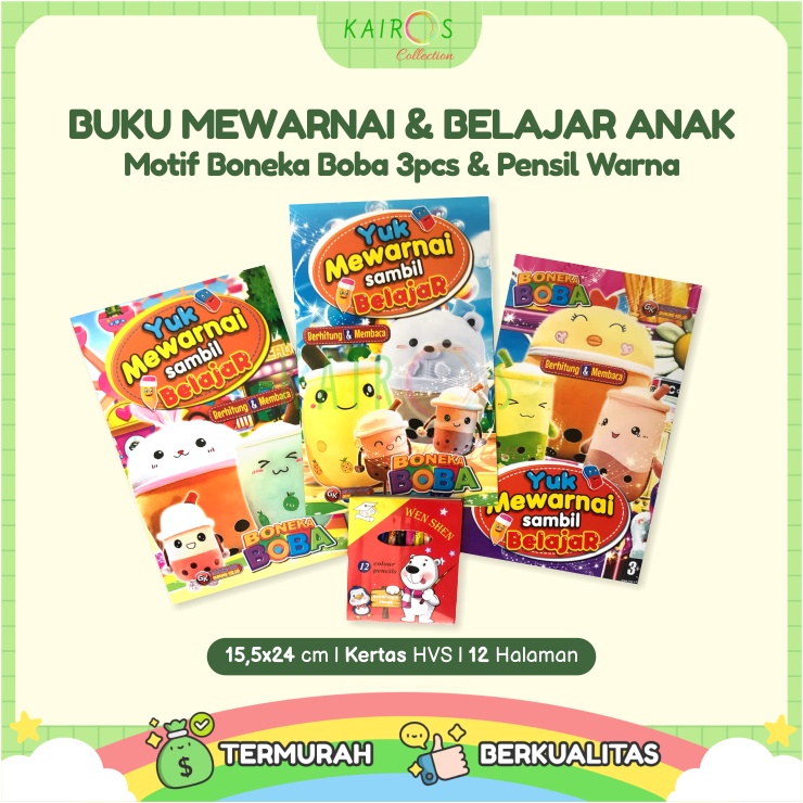 Paket Buku Warna Belajar Anak Motif Mewarnai Boneka Boba + Crayon  Atau Pensil Warna