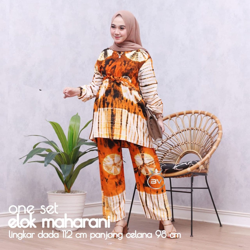 Elok Maharani Set - One Set Wanita Rayon Premium Setelan Wanita Batik Lengan Panjang Set Celana Kekinian LD 110 cm