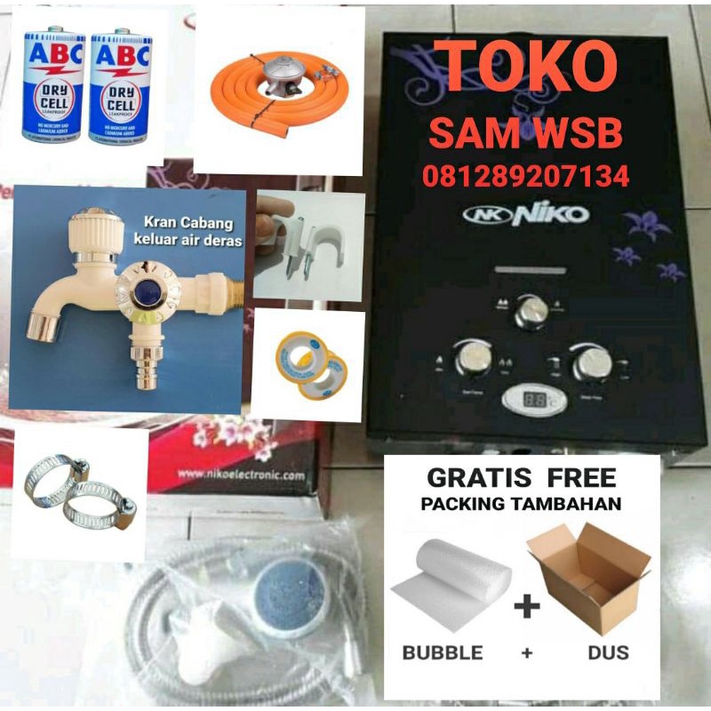 Paket Lengkap Banget NIKO Digital 6LD Hitam Water Heater Gas Komplit Pemanas Air Ekonomis Murah Awet