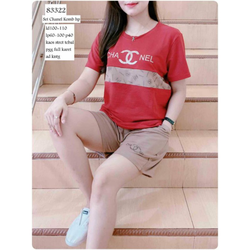 SETELAN KAOS OBLONG+CELANA WANITA IMPORT PREMIUM CHANEL 83322