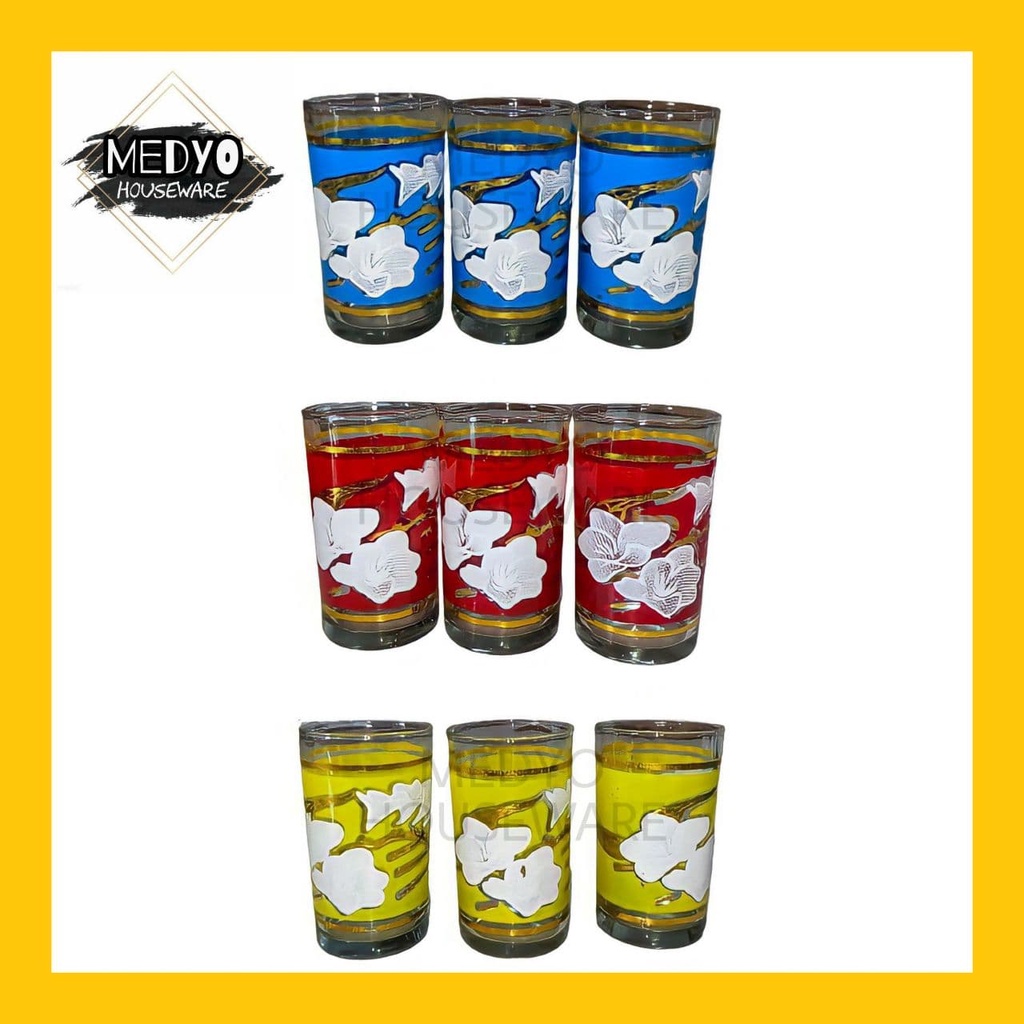Gelas Lebaran Set Warna Bunga 6 Pcs / Gelas Cangkir Minum Set Kaca Isi 6