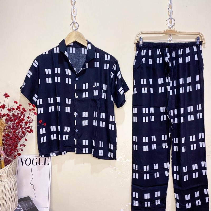 SETELAN LENGAN PENDEK PIYAMA BAJU TIDUR WANITA CEWEK BUSUI ONE SET RAYON MOTIF-KCPJ Black