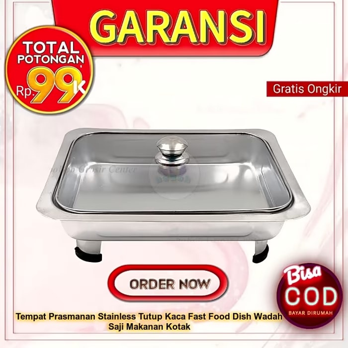 Tempat Prasmanan Stainless Tutup Kaca Fast Food Dish Wadah Saji Makanan Kotak