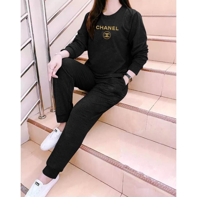 stelan girl chabel  gold  / satu set  sweater + celana / baju senam /  fashion wanita - alipio fashion