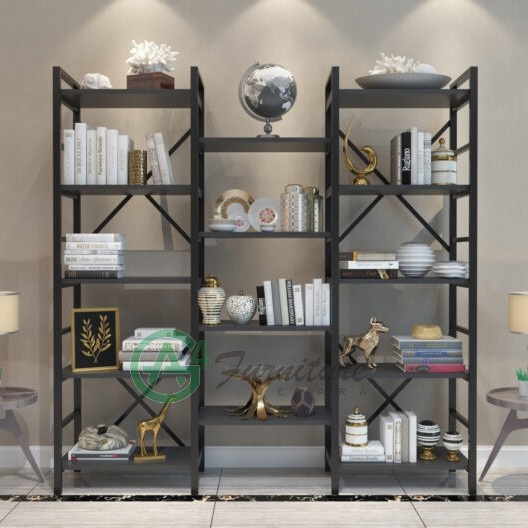 Rak Buku Besi Minimalis Evdemo Rangka Besi Kombinasi Kayu Mahoni