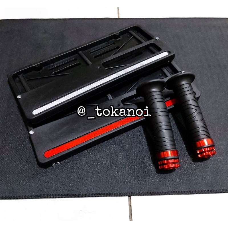 Paket Variasi Motor Hand grip Jalu ring + Dudukan Plat Nomor Honda List Warna merah putih