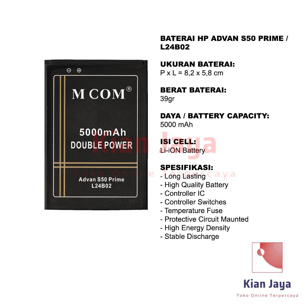 MCOM Baterai Hp Advan S50 Prime / L24B02 Original Double Power Batre Batrai Battery Ori