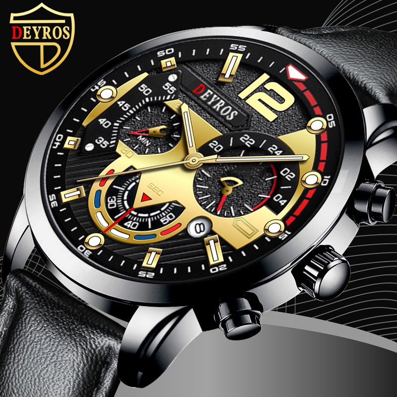 HARGA TERBAIK✅ Jam Tangan Pria Elegan Aksen Emas Tali Kulit Premium Kombinasi Sempurna Gaya Mewah Fungsionalitas Klasik JPD-02