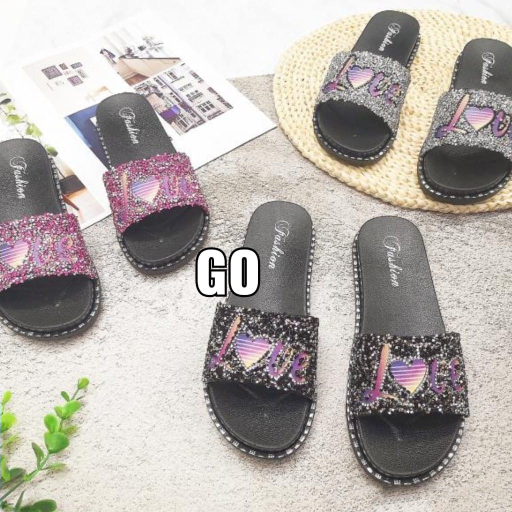 sogo Import LOVE BLING-BLING Sandal Wanita Murah Slip Casual Teplek Sendal Cewek Flat