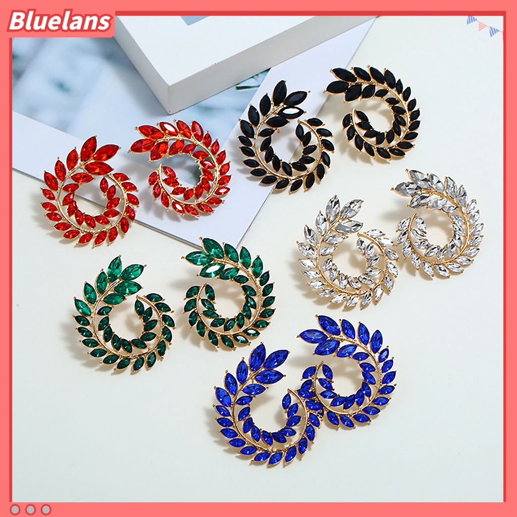 Bluelans 1 Pasang Anting Stud Cubic Zirconia Bentuk Cabang Daun Geometris Bulat Bahan Alloy Untuk Wanita