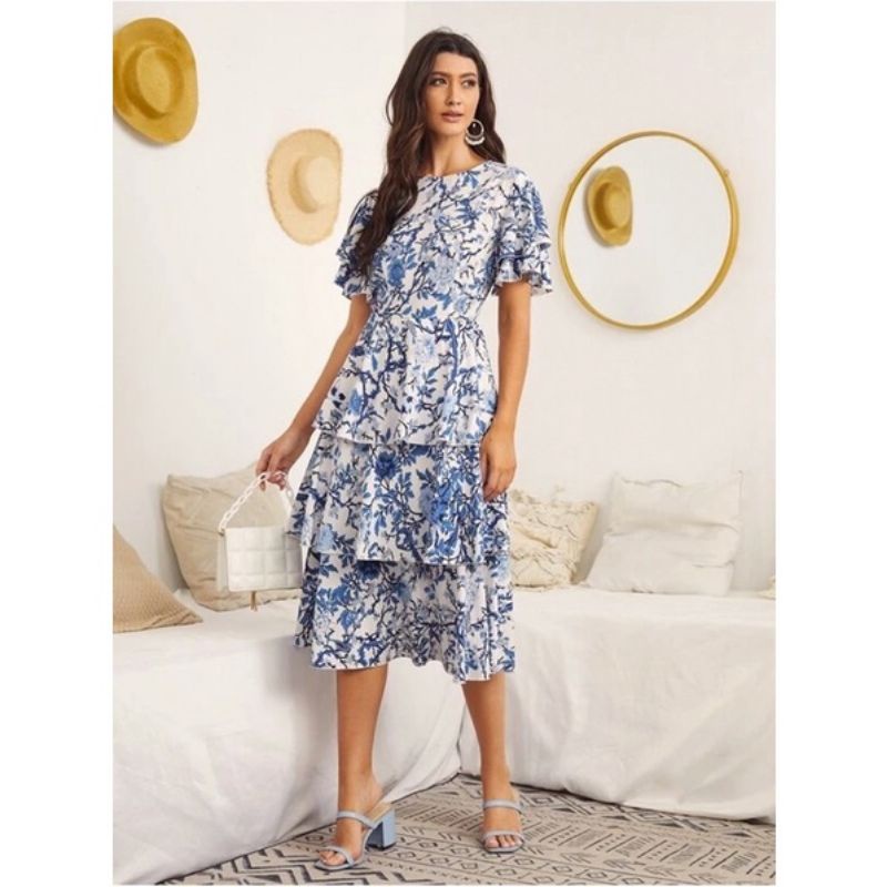 VN SUMMER DRESS / DRESS PANTAI /  KOREAN DRESS / BEACH BUTTERFLY SLEEVE LAYERED HEM FLORAL DRESS