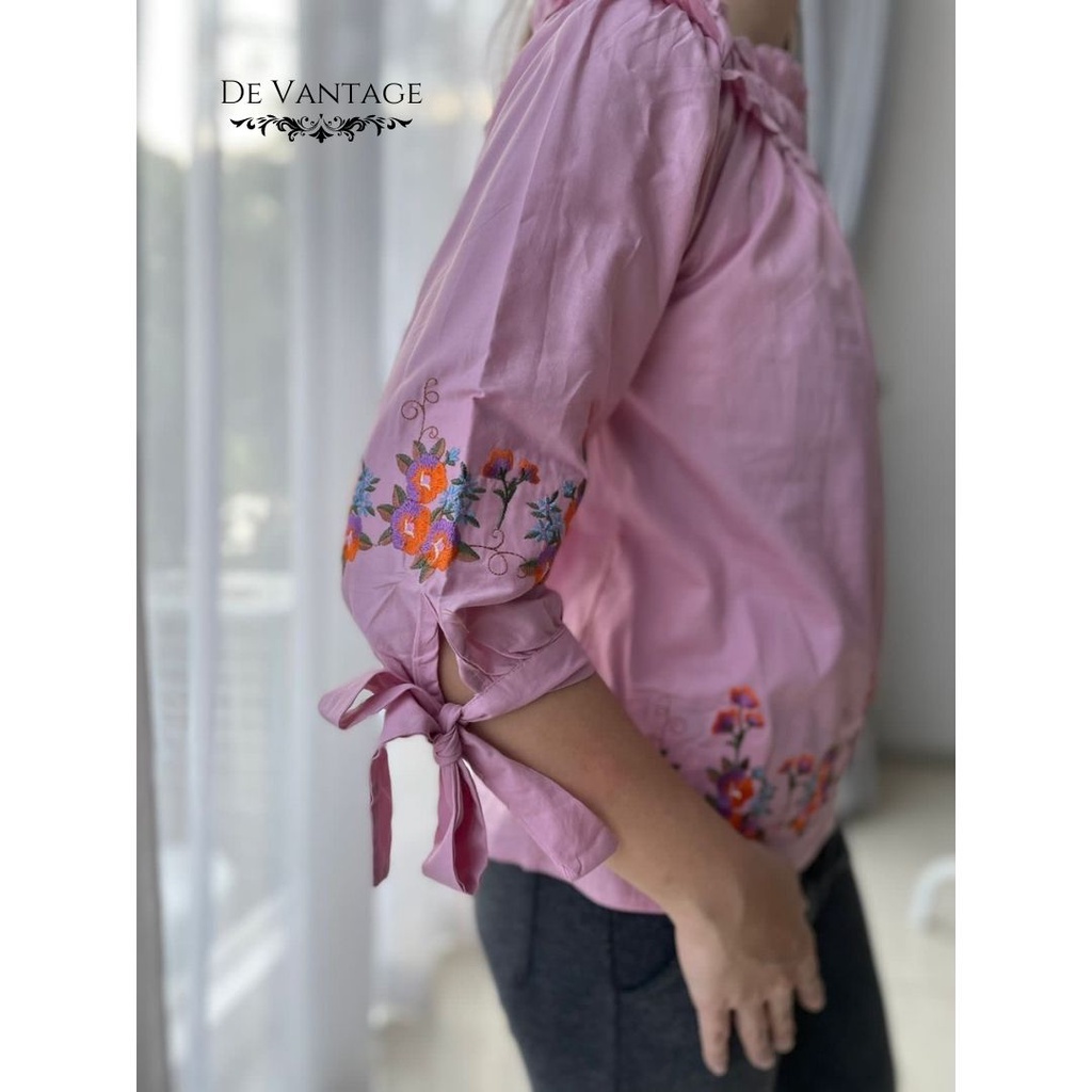 Blouse Katun Sabrina / Blouse Bunga Lengan Pita / Off Shoulder Floral Blouse