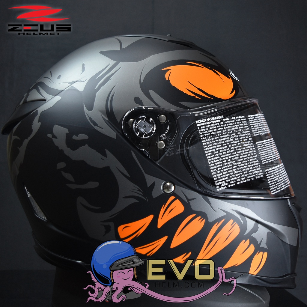 ZEUS ZS- 822B MBLK AN27 ORANGE FULL FACE FLAT VISOR (FREE DARK SMOKE VISOR)