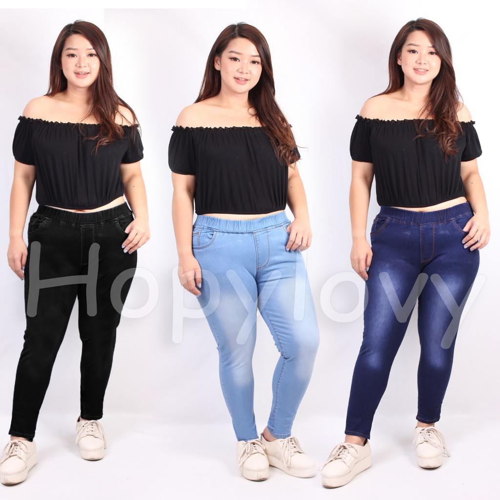 HOPYLOVY - Celana Jeans Pinggang Karet / Legging Jeans Wanita Size Besar / Jegging Jumbo