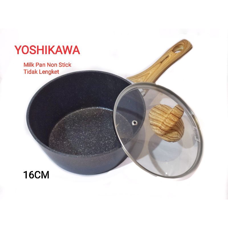 A1 Yoshikawa Panci Marble + Tutup Kaca Bisa kompor Induksi / Panci Mie Kecil Anti Lengket Gagang Kayu