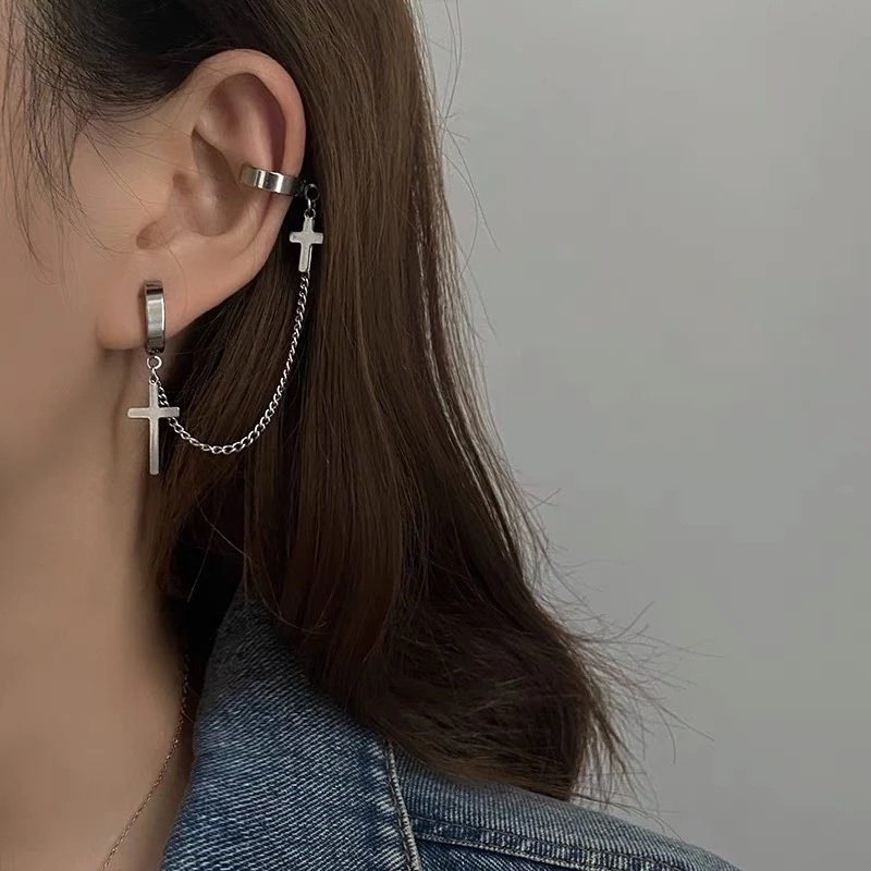 Anting Giwang Panjang Simple Modern Model Salib Warna Hitam Dengan Rantai Rumbai Untuk Wanita