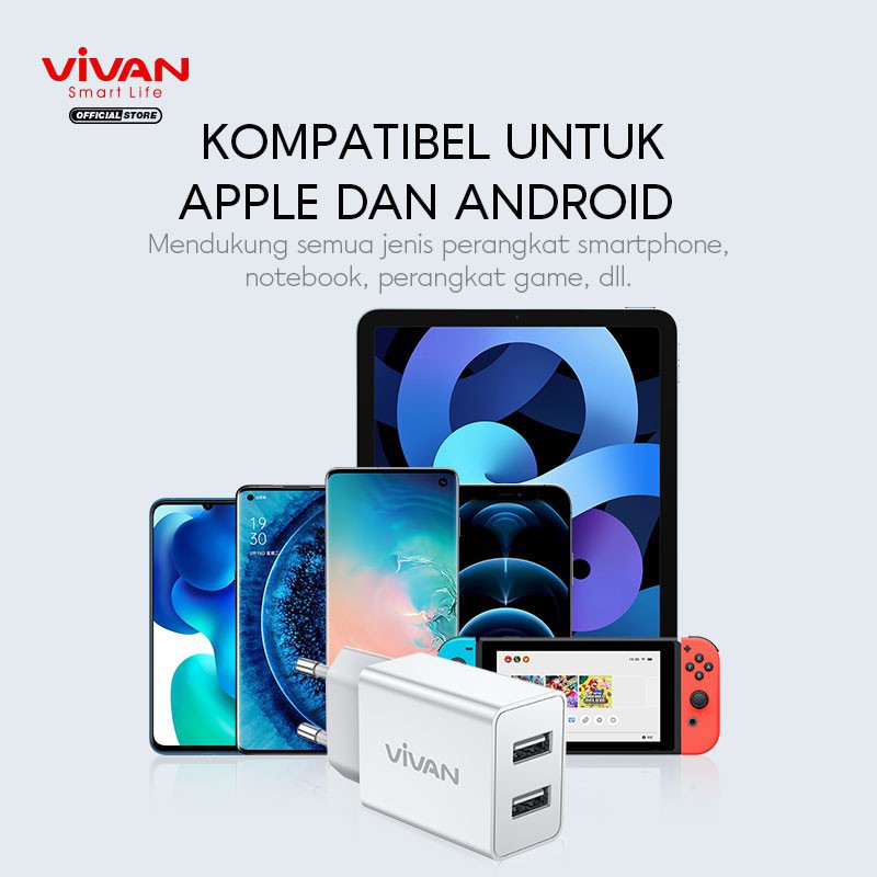 Charger 2.4A  Dual USB VIVAN DD02 12W with Charging Cable