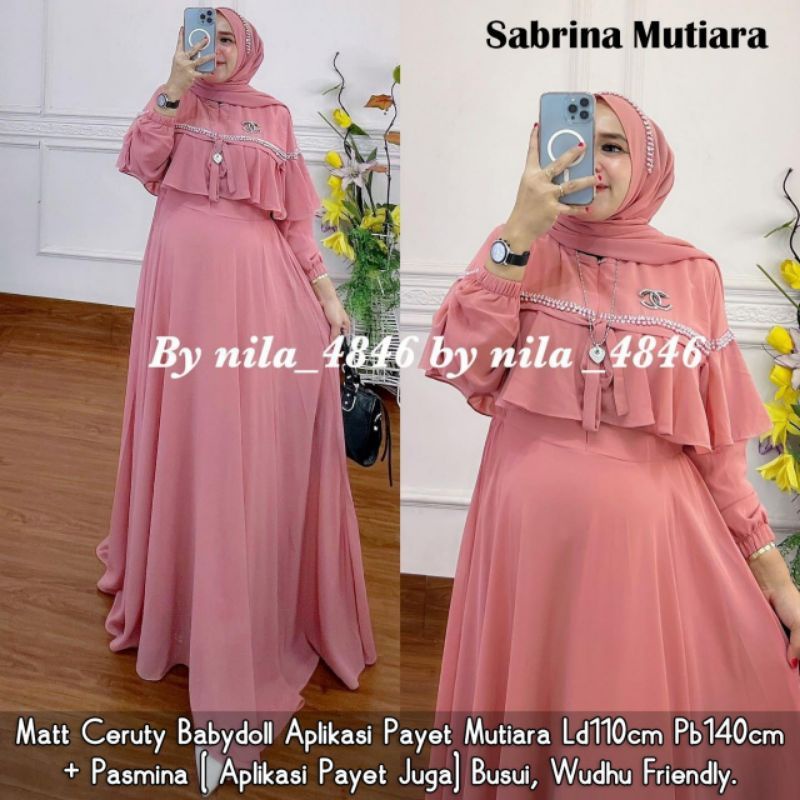 Adikta Dress syari pasmina /Gamis Ceruti Bebydoll Terbaru Aksen Mutiara Full Puring / Fhasion