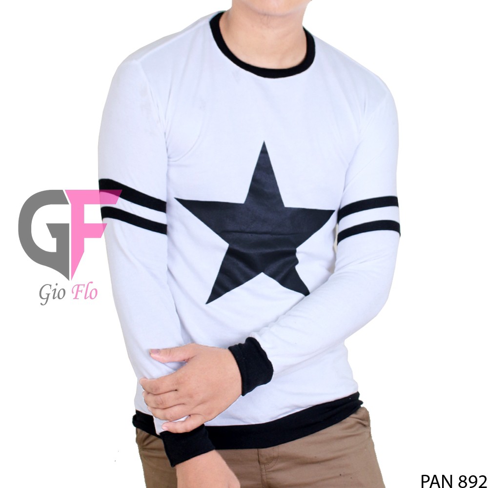 GIOFLO Tshirt Baju Lengan Panjang Cowok Stripe Putih White / PAN 892