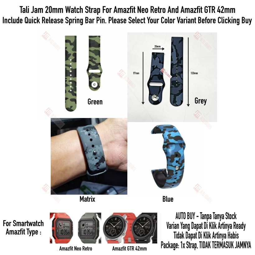 RMY Tali Jam 20mm Watch Strap Amazfit GTR 42mm / Neo Retro - Camo Army Rubber Silikon