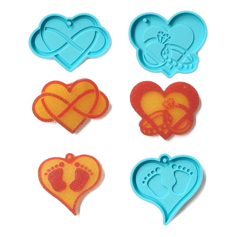 Glitter 3 Pcs Love Heart Keychains Epoxy Resin Mold Necklace Pendant Silicone Mould DIY Crafts Jewelry Hanging Decortaions Tool