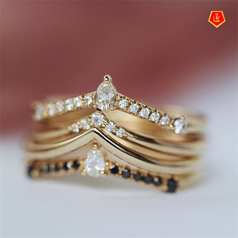 [Ready Stock]Creative Gold Multi-Layer Geometric Diamond-Studded Ring