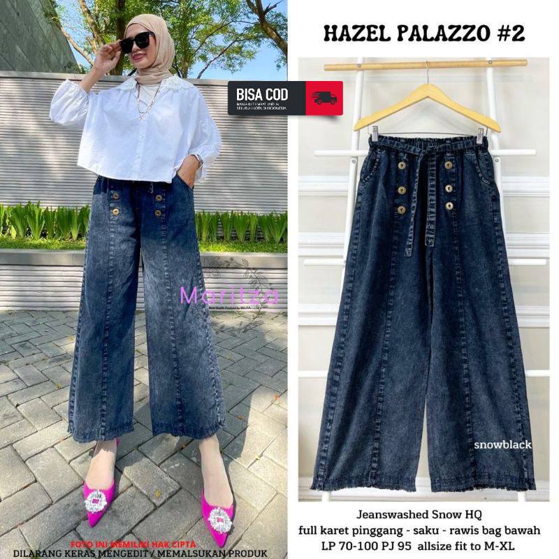 Celana Kulot Jeans Denim Hazel Palazzo 2 Kulot Wanita High Waist Rawis Kancing Kulot Pinggang Melar