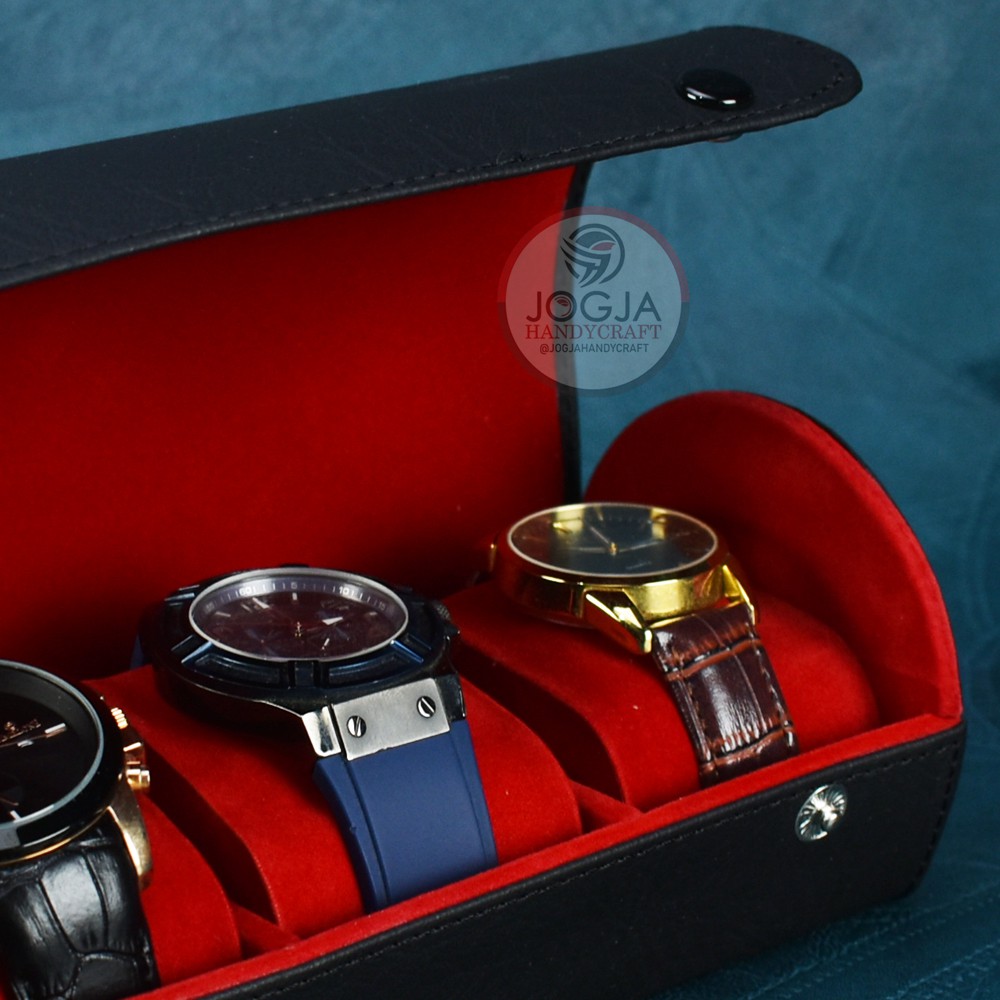 Traveller Watch Case Tube / Tempat Jam Tangan Sport Isi 3 Hitam Merah