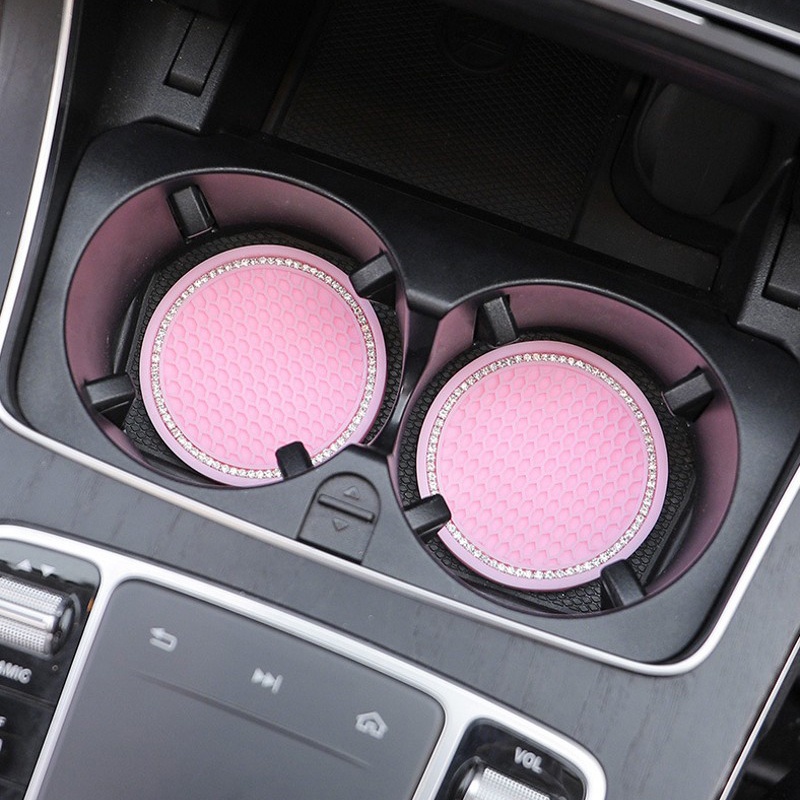 1 Pc 7cm Diamond Inlaid Round Heat Insulation Soft Rubber Car Interior Decoration Non-slip Water Cup Pad