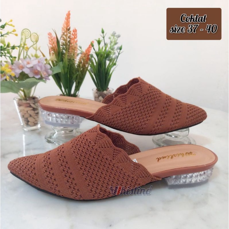 SEPATU SLOP RAJUT IMPORT HAK KACA KRISTAL 2 CM| ALAS KARET