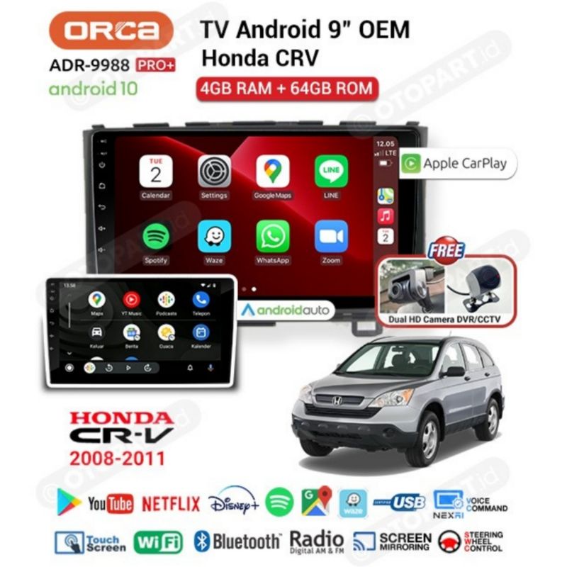 Head Unit Android ORCA PRO+ CRV 2008 - 2011 ANDROID ORCA ADR 9988 PRO+ CARPLAY Ram 4 Gb Rom 64 Gb