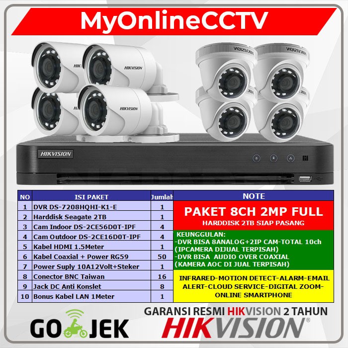 Paket CCTV Hikvision 8Ch 2MP Asli 1080P Lengkap  8 Kamera HDD 1TB 2TB 4TB