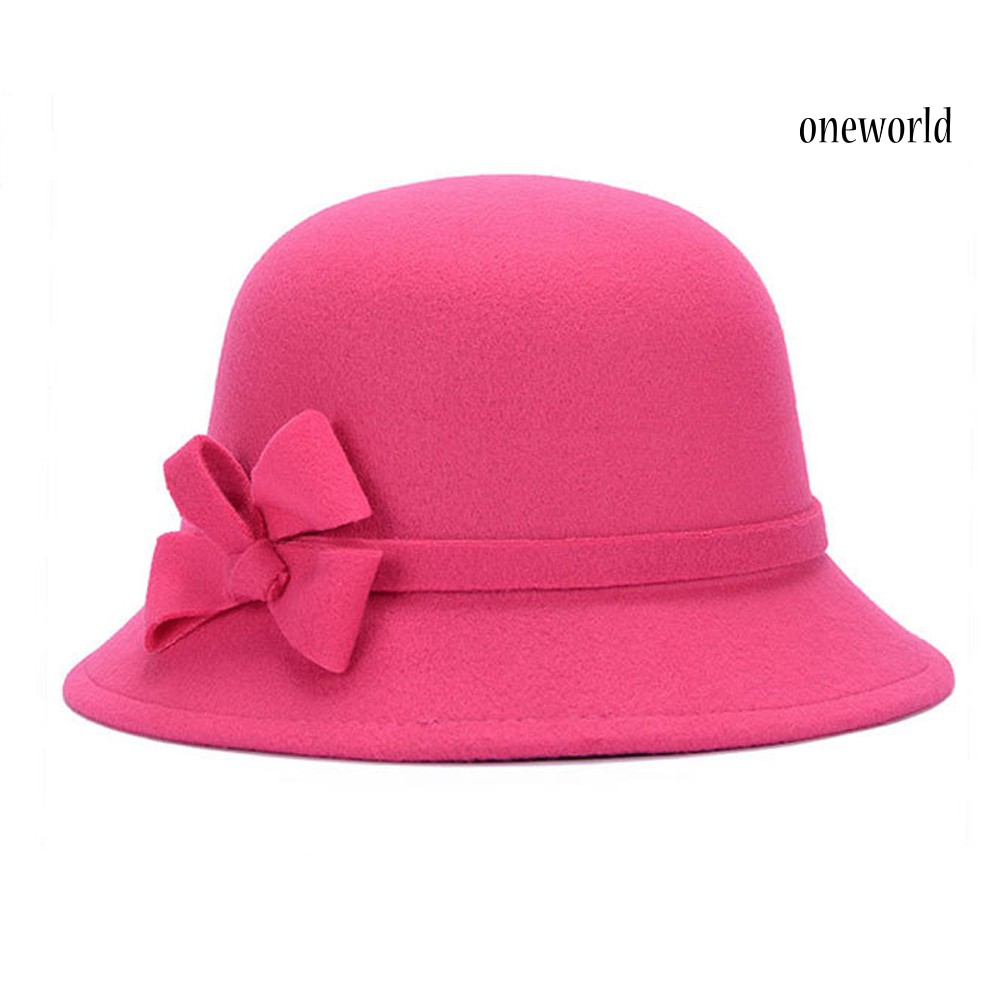 Oneworld Topi Bucket Wanita Bahan Wol Imitasi Aksen Pita Warna Polos Gaya Vintage Untuk Musim Gugur