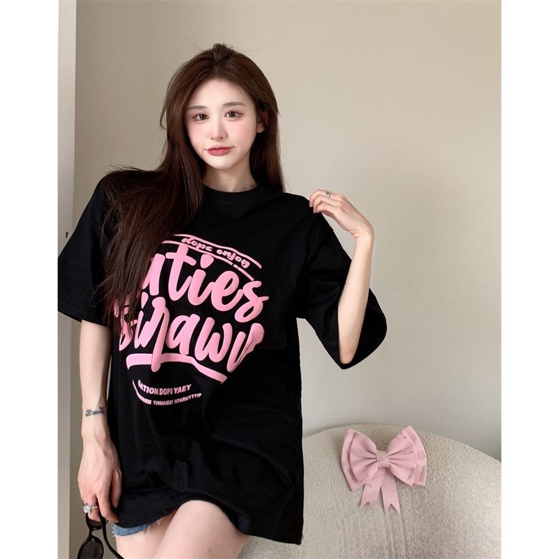 kaos atasan wanita lengan pendek oversize printed letters t shirt korean style kaos hitam