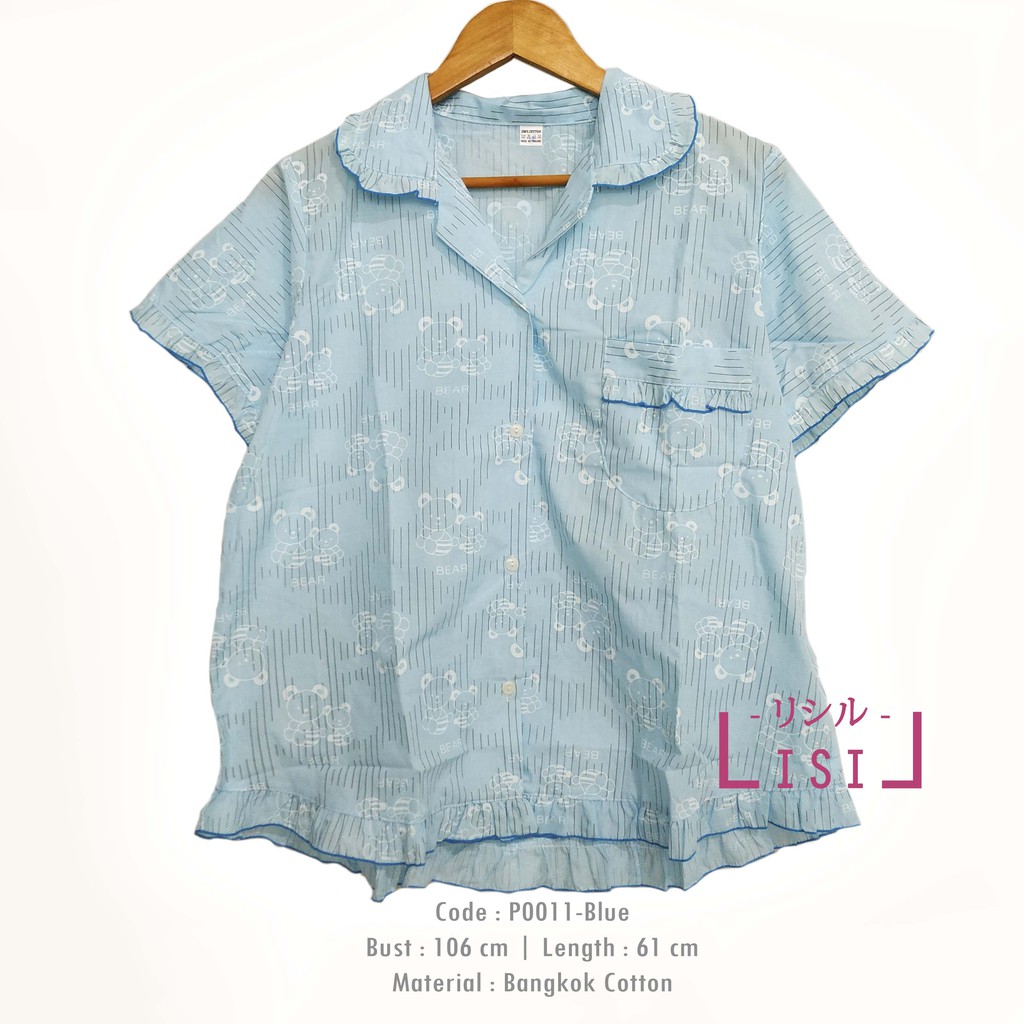 SETELAN BAJU TIDUR PENDEK PIYAMA RENDA WANITA MOTIF BEAR SLEEPWEAR BIRU MUDA P0011-BLUE