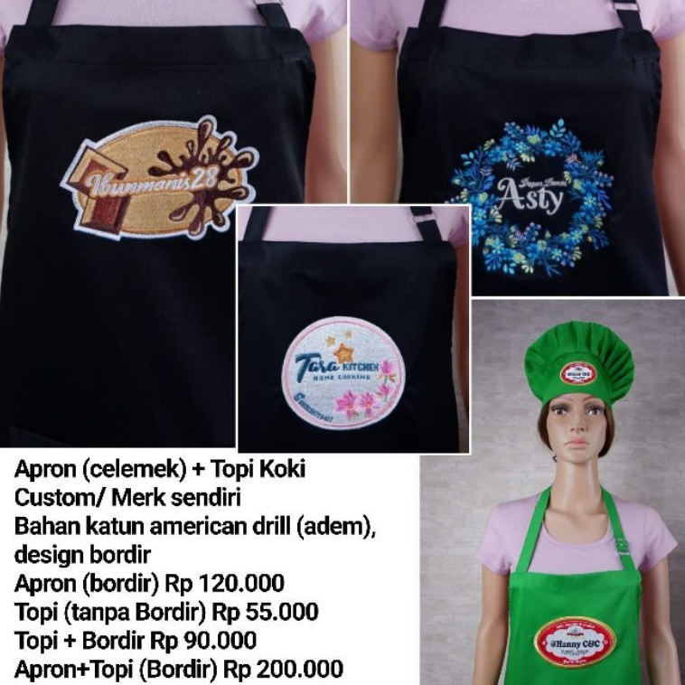 Apron custom / celemek merk sendiri + topi koki