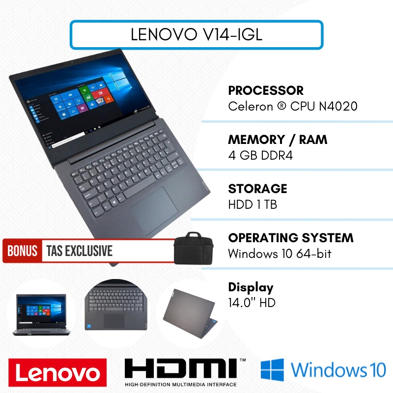 LAPTOP INTEL N4020 - RAM 4Gb - HDD 1TB + SLOT SSD M2 NVME - LAPTOP LENOVO V14-IGL - LENOVO V14 SERIES BARU - TEKNO KITA