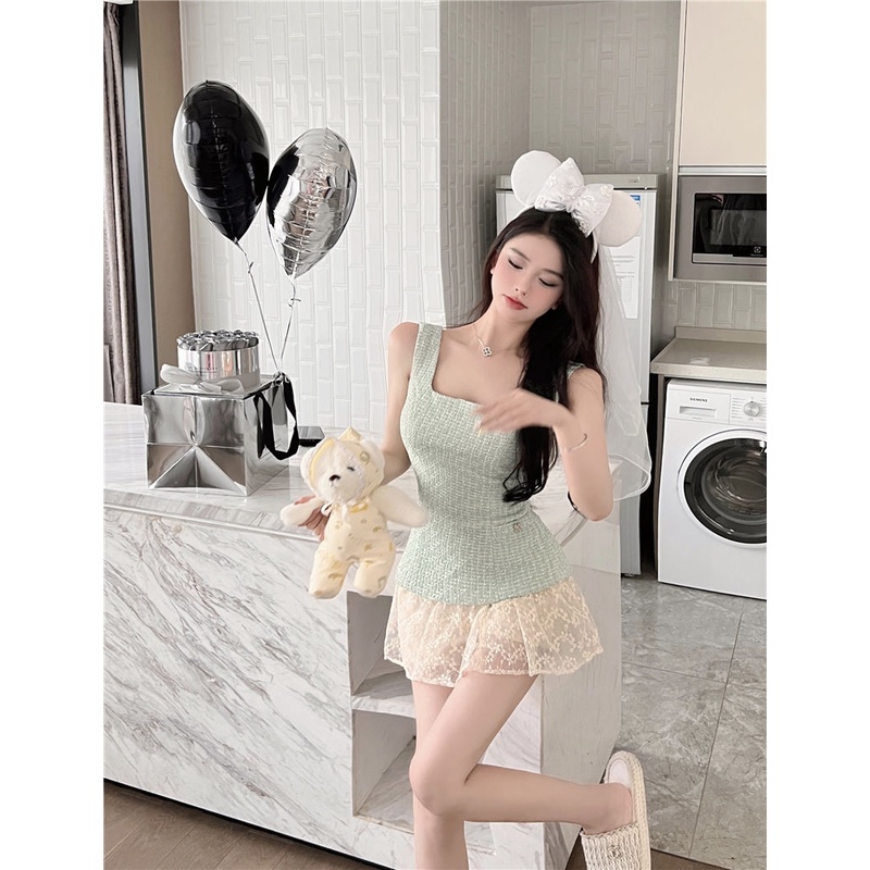 Wanita kamisol mengenakan tali bahu lebar, pinggang dan ramping, atasan tanpa lengan, versi Korea, temperamen modis, pakaian wanita musim panas