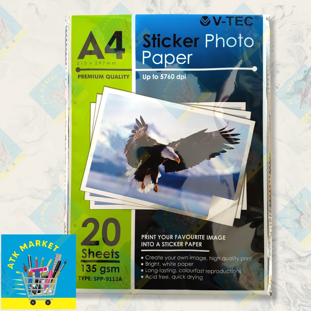 

(1 PACK = 20 LMBR) Kertas Stiker Photo Paper Vtec A4 135 gsm / Kertas Sticker Foto