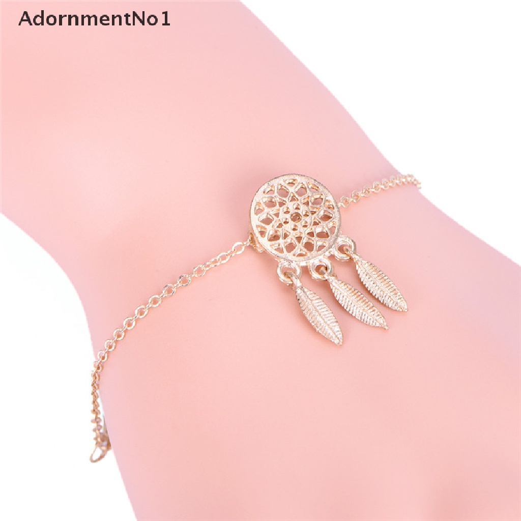 (AdornmentNo1) Gelang Tangan Rantai Aksen Dream Catcher + Rumbai Bulu Untuk Perhiasan Wanita