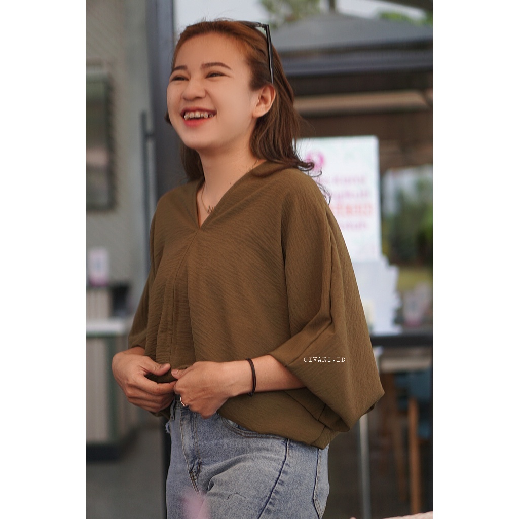 Blouse Wanita Jumbo Oversize Outfit Baju Atasan Wanita Big Size Ootd Blus Wanita Lengan Panjang-Olive
