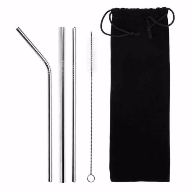 Sedotan Stainless Set 5pc / Straw Set / Sedotan Korea / Sedotan &amp; Pouch Murah / SILVER