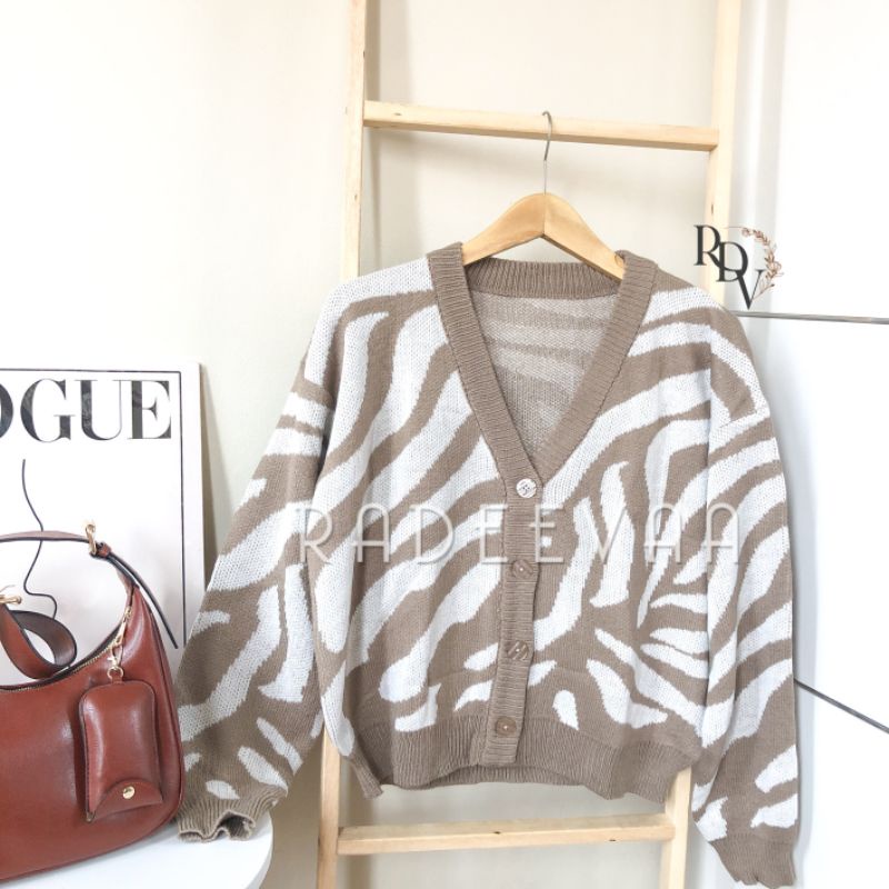 CARDIGAN RAJUT ZIVY MOTIF ZEBRA OVERSIZE CROP KNIT PREMIUM KOREAN