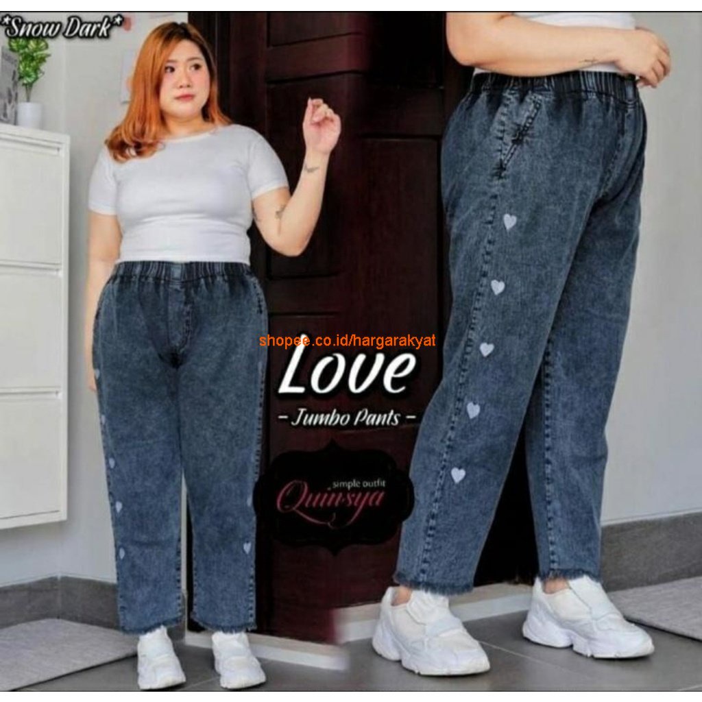 LOVE PANTS CELANA JUMBO || CELANA BOYFRIEND JEANS WANITA PINGGANG FULL KARET SNOW