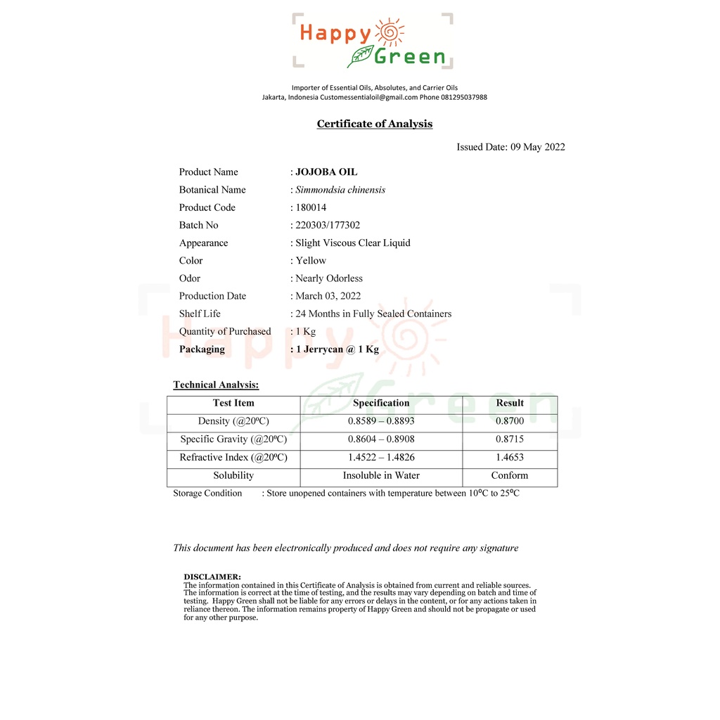 BPOM Happy Green Jojoba Oil Cosmetic Grade - 100% Murni Minyak Jojoba Garansi Uang Kembali