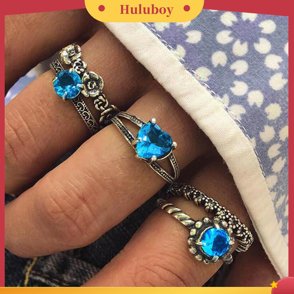 Hu Hu Hu Hu Hu Alat Bantu Pasang Kacamata♡ 5pcs / Set Cincin Boho Retro Desain Bunga / Hati Hollow Hias Berlian Imitasi Biru Untuk Wanita