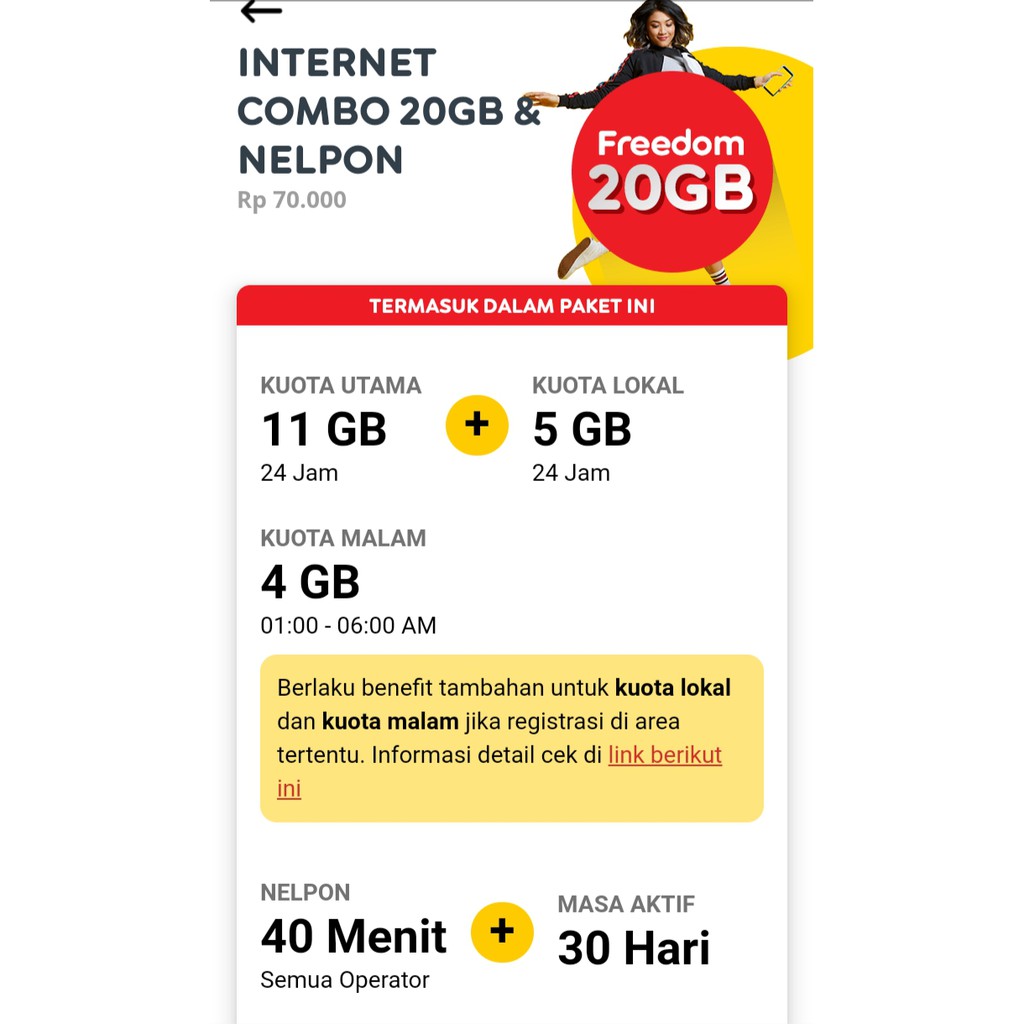 Paket Isi Ulang Data Indosat FREEDOM NEW 20GB + 40MNT TELP ALL