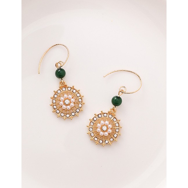 LRC Anting Tusuk Fashion Gold Openwork Pattern Pearl-encrusted Round Earrings F93314