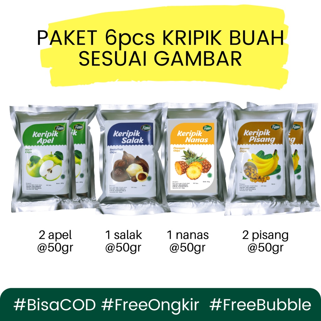 

BARU!! Fiona Paket Hemat Keripik Kripik Buah Apel Pisang Salak Nanas Rambutan 6pcs